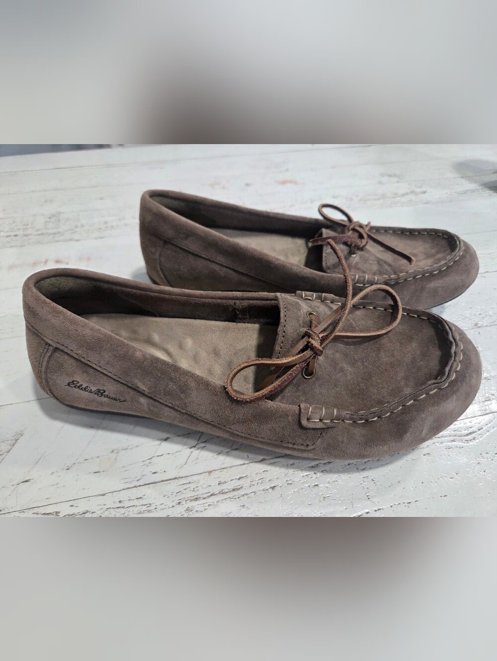 Eddie Bauer Women's Suede Moccasins in Taupe